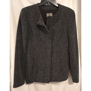 Calvin Klein Blazer Jacket 8 Zip Up Collarless Work Suit Stretch Charcoal/Black